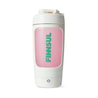 FINNSUL portable electric blender bottle in white with pink panel and green logo, product shot on white