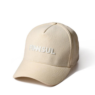 FINNSUL cream corduroy hat with embroidered FINNSUL logo, product shot on white

