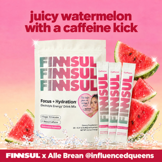 FINNSUL electrolyte energy drink mix packets in watermelon flavor, shown with sliced watermelon graphics and the text 'juicy watermelon with a caffeine kick' on a pink background.