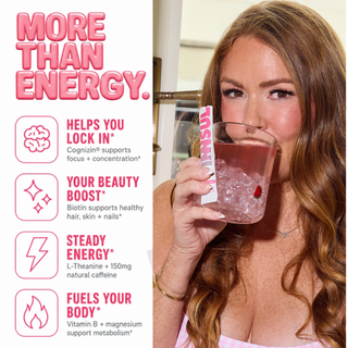 Energy drink mix featuring a woman on the right drinking from a glass with a branded stick pack, alongside text on the left highlighting benefits like improved focus, beauty support, steady energy, and metabolism support.