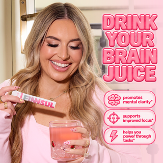 A woman in a pink top holds a FINSUL stick pack and a pink drink in a bright indoor setting, with large pink text reading 'DRINK YOUR BRAIN JUICE' and three benefit callouts on the right.