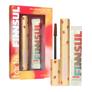 tarte x FINNSUL Flutter & Focus set with tarte tubing mascara in brown and FINNSUL Strawberry electrolyte stick packs
